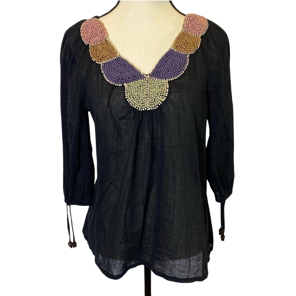 Ella Moss Sheer Beaded‎ Neckline Blouse Women's Small 3/4 Sleeve Lightweight